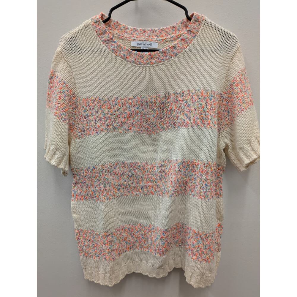 Peace Love World Women’s Chunky Knit Sweater Cream Multicolor Short Sleeve SizeM